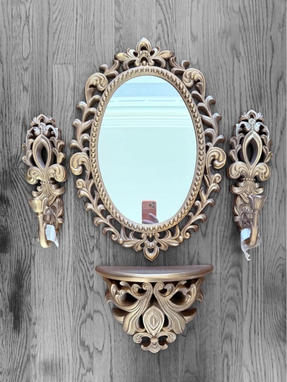 Ornate Gold Wall Mirror Set with Shelf and candleholders